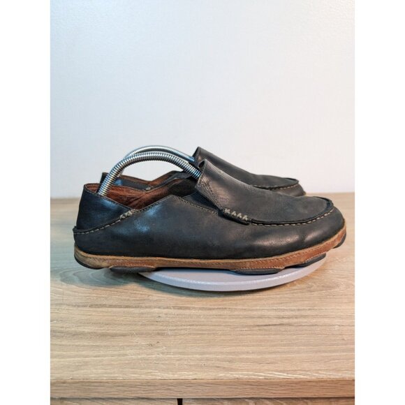 OluKai Moloa Black Leather Casual Slip On Shoes Men\'s Size 10 M 10128-4033